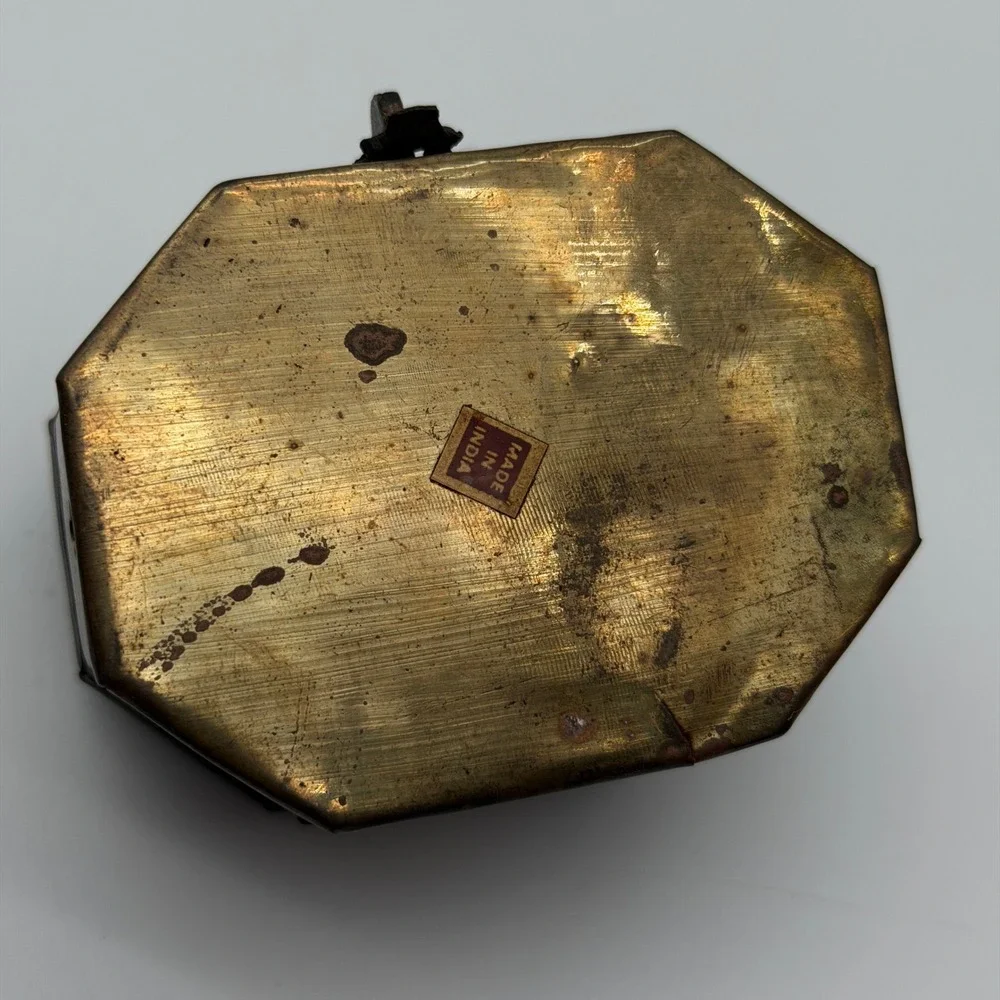 Vintage Brass Octagon Trinket Box Made in India Hinged Latch Star Cutouts Handle